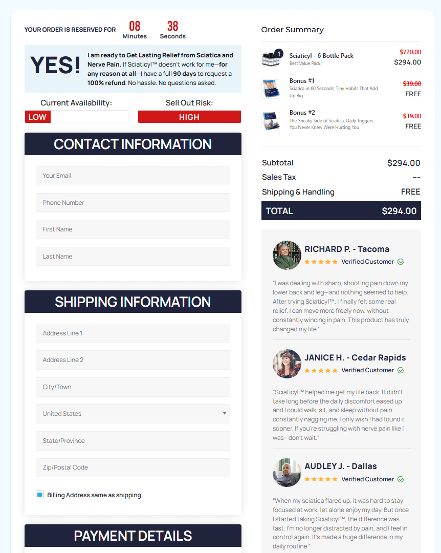 Sciaticyl order checkout page